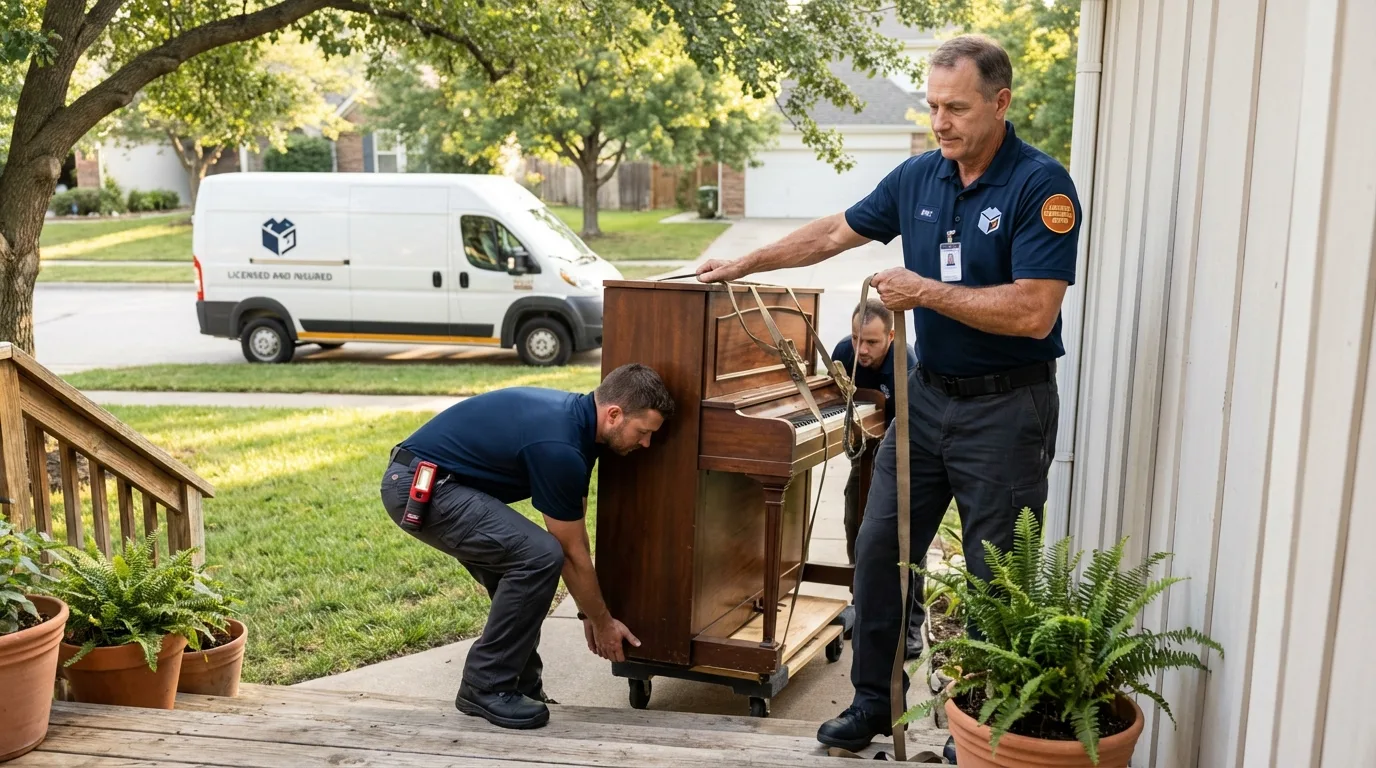 Licensed piano movers securing grand piano in Parma, ID