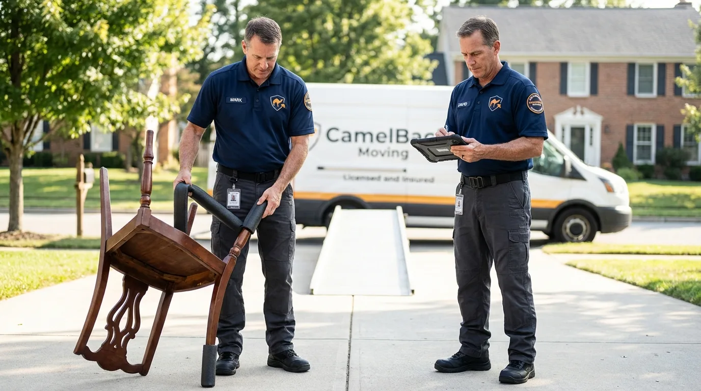 Movers inspecting furniture for damage prevention before loading in Parma, ID