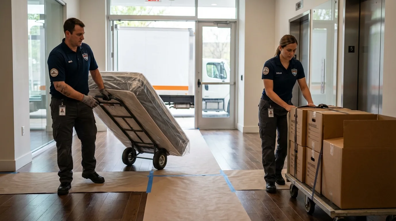 Professional apartment movers loading elevator in Parma, ID